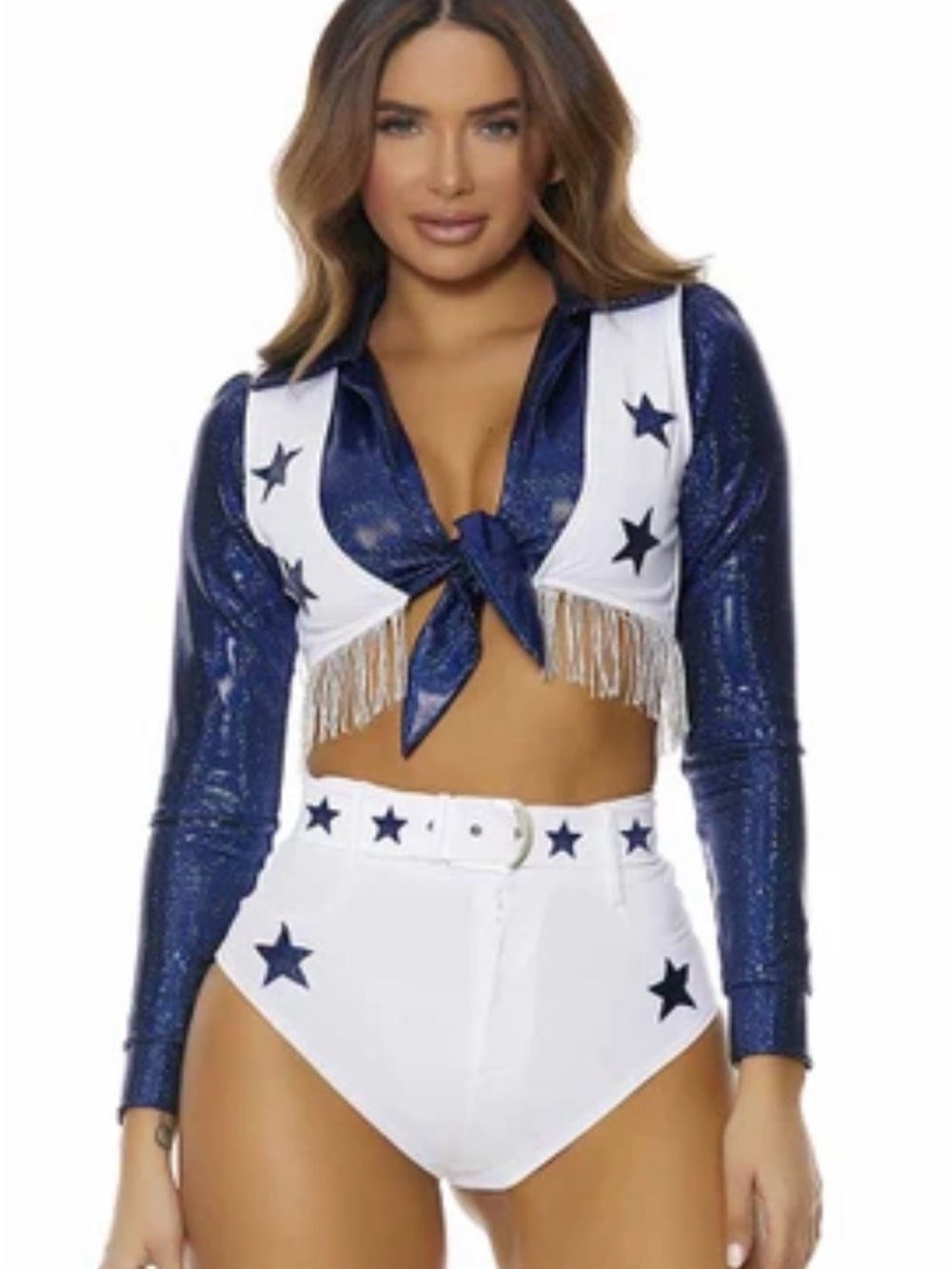 Navy Blue Metallic Tie-Front Crop Top with White Star Fringe Vest Dallas Cowboys